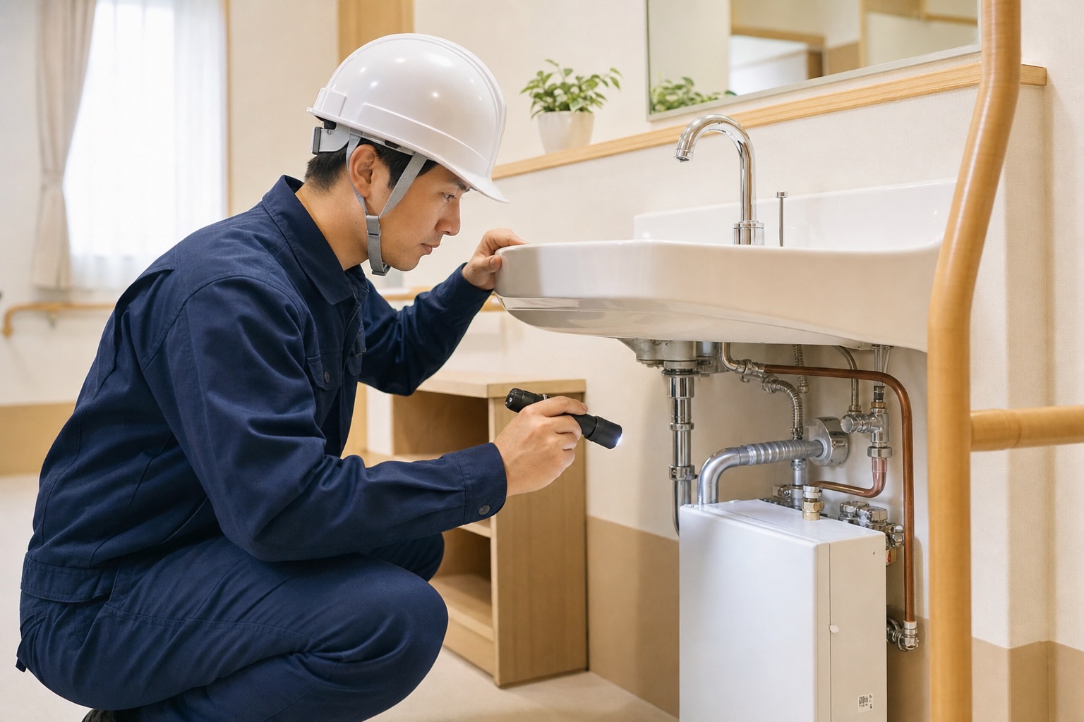 福祉施設の給湯と衛生設備を確認するイメージ