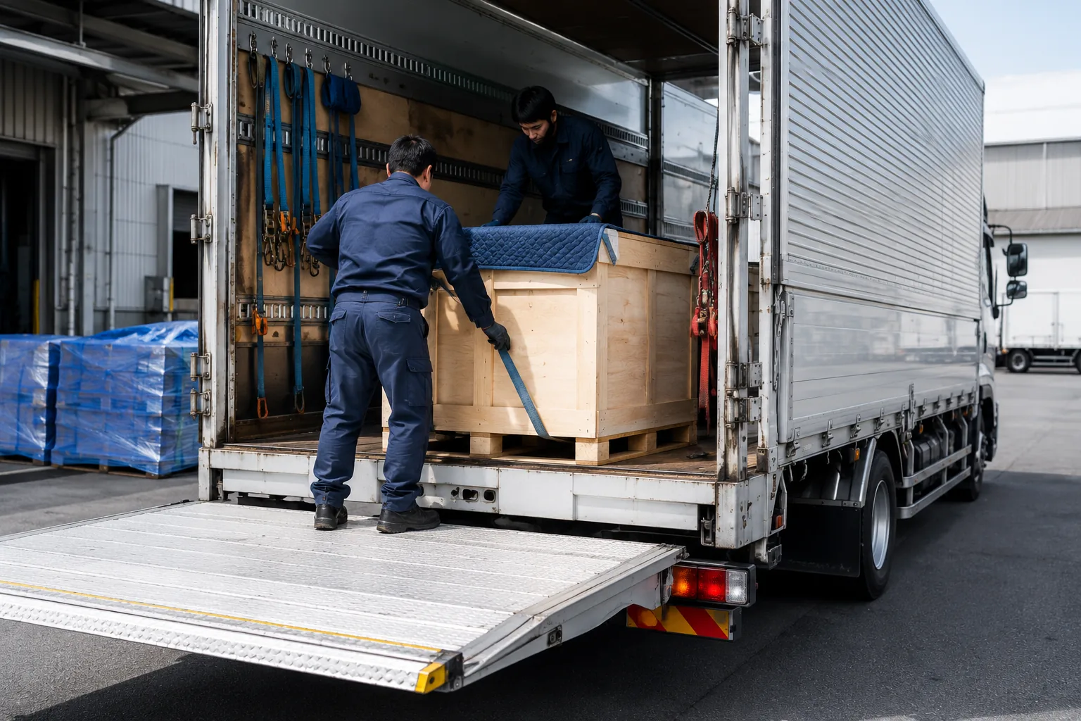 チャーター便のトラックへ荷物を積み込む様子
